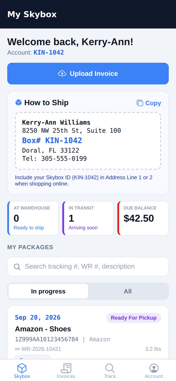 My Skybox screen with shipping address, stats and packages