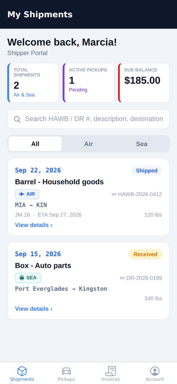 My Shipments screen with Air and Sea shipments